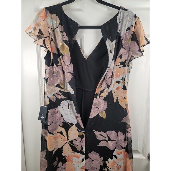 Adrianna Papell Floral Chiffon Jumpsuit Black Multi V-Neck Short Sleeve Size 6 - Picture 7 of 12